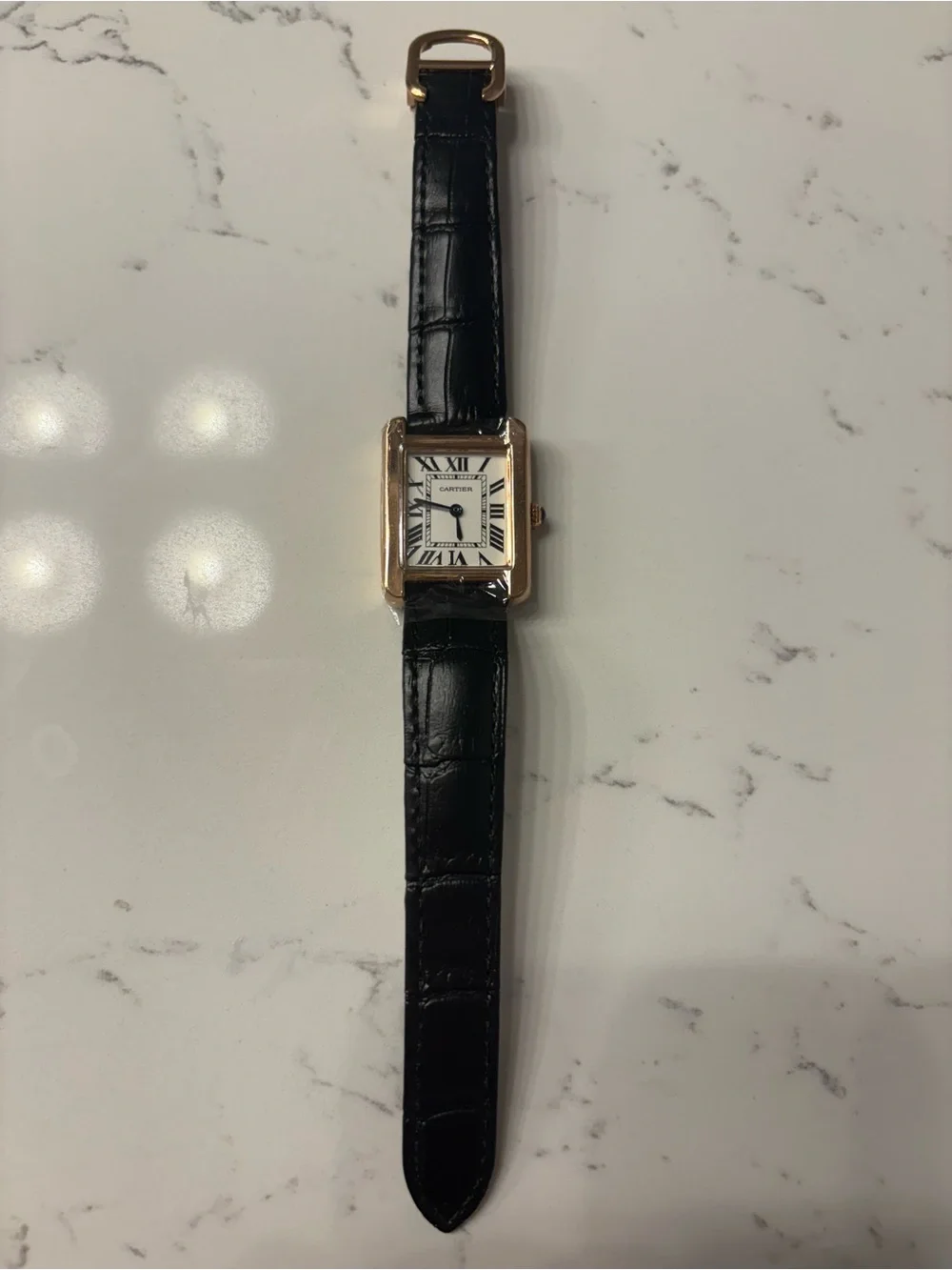 Tank-Style Square Watch with Black Leather Strap